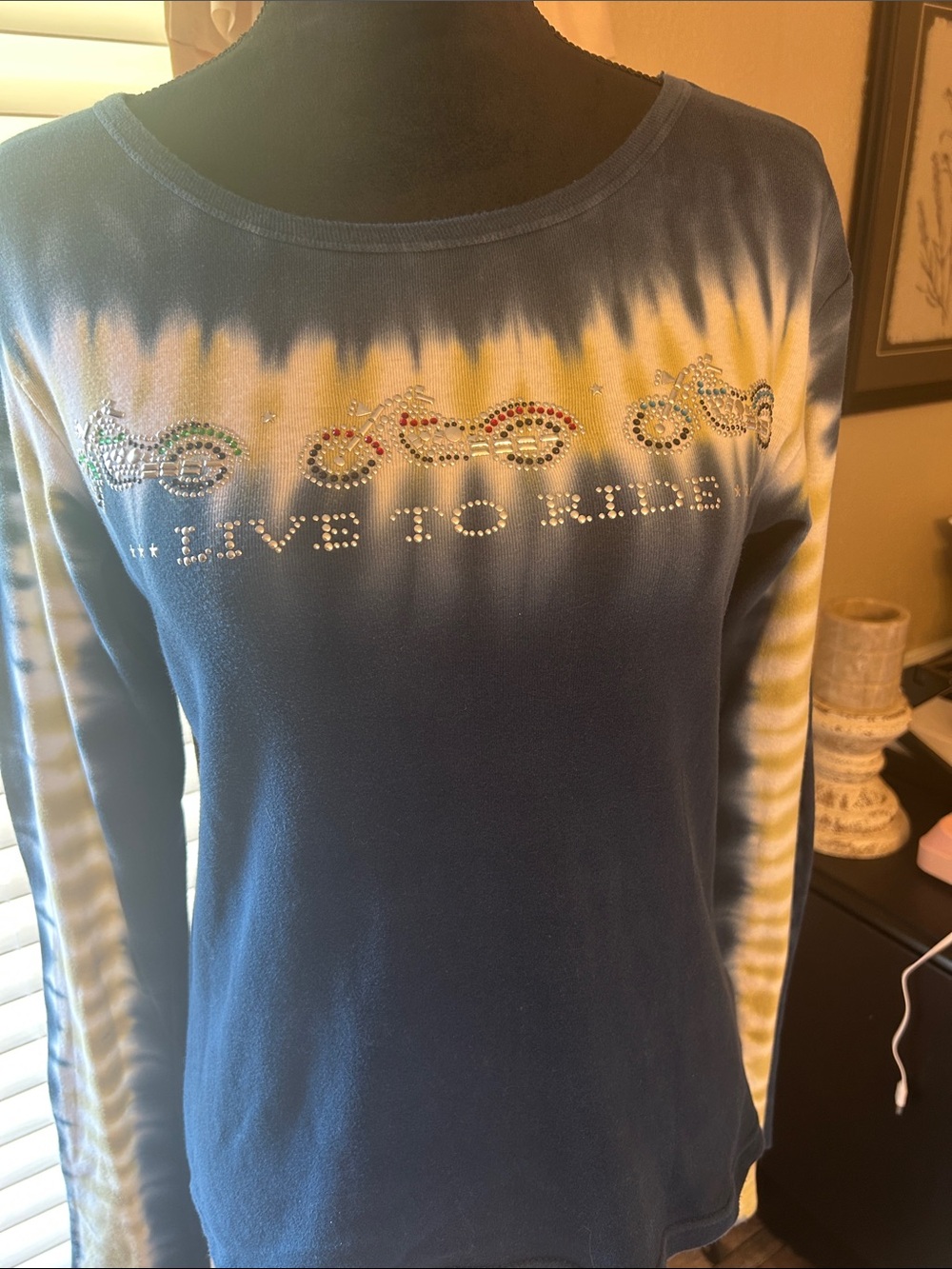 Rhinestone Tie-Dye Long Sleeve Top - Blue
